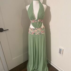 Ema Savahl Green Ruched Halter Gown